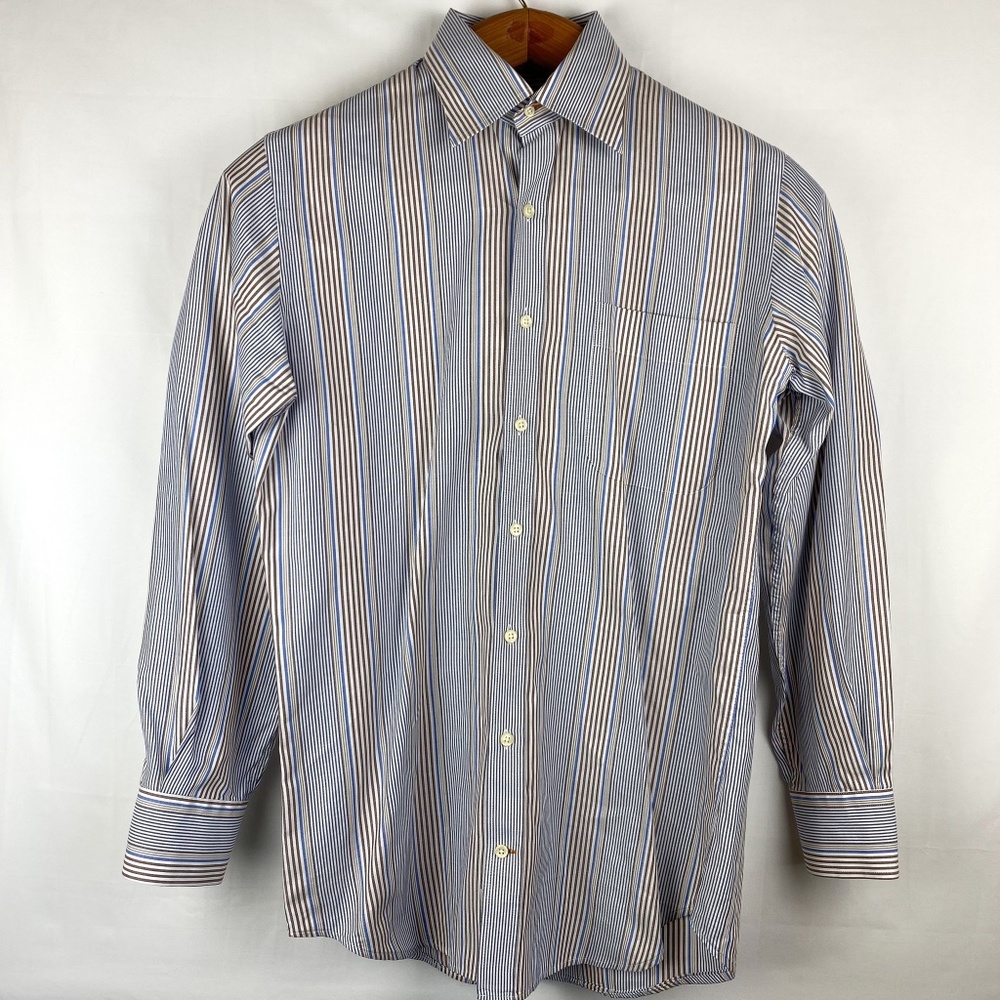 Peter Millar Mens Button Down Long Sleeve Shirt Blue/Brown Stripes (S)